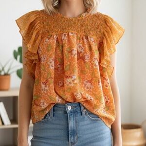 Mason D’Amelie Orange Floral Smocked Flutter Ruffle Sleeve Blouse Small